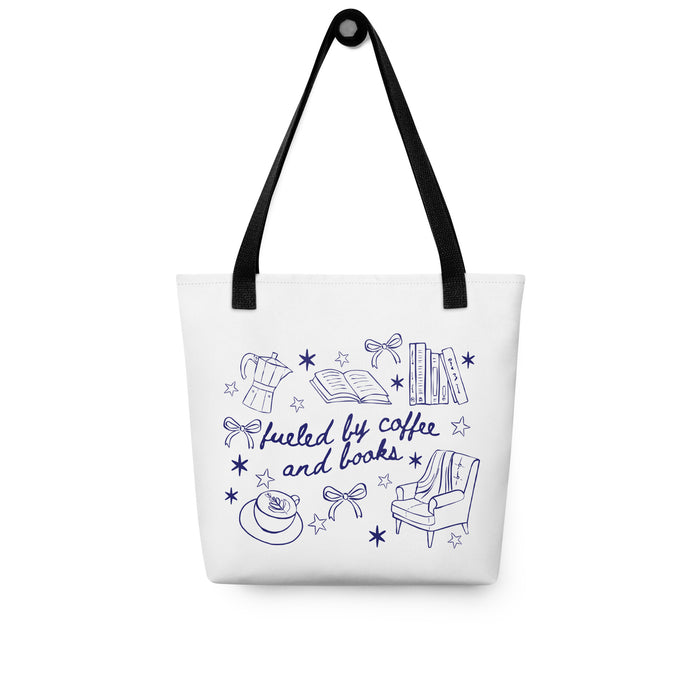 Fueled by Coffee and Books Tote bag - The Bean Workshop - Book Haul, Bookish Accessory, Bookstore Tote, Bookworm Canvas Bag, Bows, Coffee Lover Gift, Coquette Aesthetic, Doodle Art, Fueled by Coffee and Books Tote, Library Tote Bag, Reader Gift, Reusable Bag, Valentine's Gift for Reader