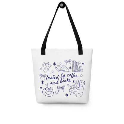 Fueled by Coffee and Books Tote bag - The Bean Workshop - Book Haul, Bookish Accessory, Bookstore Tote, Bookworm Canvas Bag, Bows, Coffee Lover Gift, Coquette Aesthetic, Doodle Art, Fueled by Coffee and Books Tote, Library Tote Bag, Reader Gift, Reusable Bag, Valentine's Gift for Reader