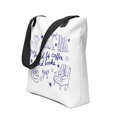 Fueled by Coffee and Books Tote bag - The Bean Workshop - Book Haul, Bookish Accessory, Bookstore Tote, Bookworm Canvas Bag, Bows, Coffee Lover Gift, Coquette Aesthetic, Doodle Art, Fueled by Coffee and Books Tote, Library Tote Bag, Reader Gift, Reusable Bag, Valentine's Gift for Reader