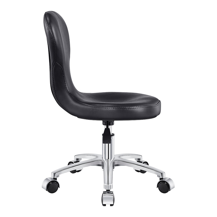 Futuro Pedi Stool Black DIR by DIR, armless with ergonomic backrest and chrome base, side view.