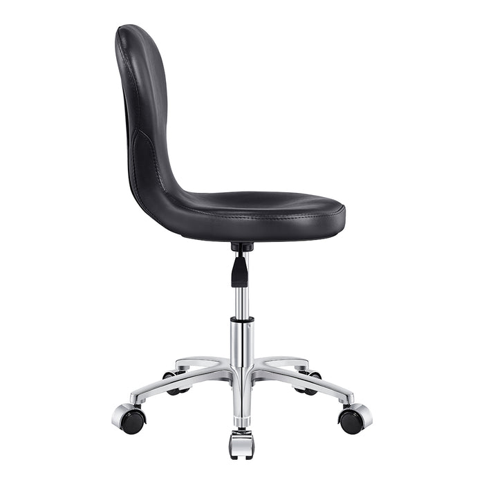DIR Futuro Pedi Stool Black, ergonomic backrest, adjustable height, wheels, side view.