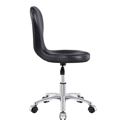 DIR Futuro Pedi Stool Black, ergonomic backrest, adjustable height, wheels, side view.