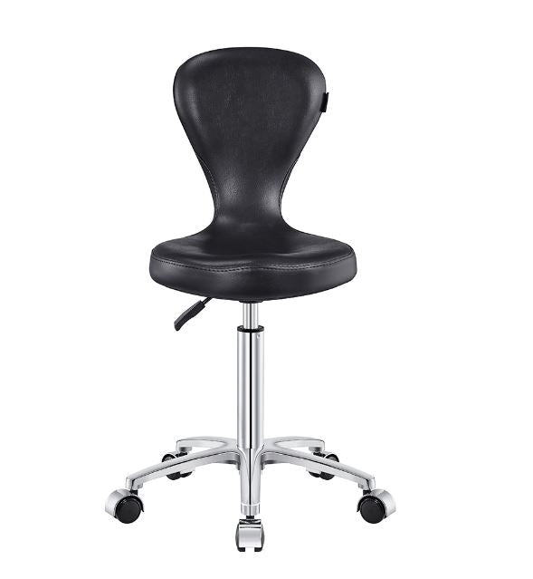 Futuro Salon Stool DIR by DIR: ergonomic, contoured back, five wheels, adjustable metal base.