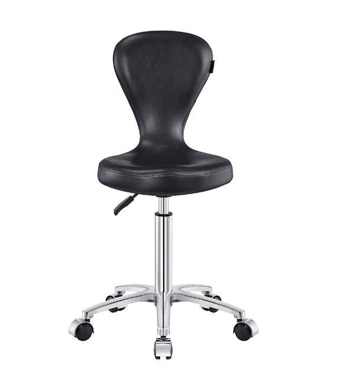 Futuro Salon Stool DIR by DIR: ergonomic, contoured back, five wheels, adjustable metal base.