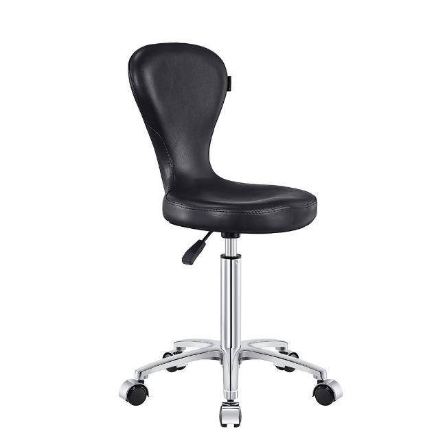 DIR Futuro Salon Stool with black adjustable seat, chrome base & wheels on white background.