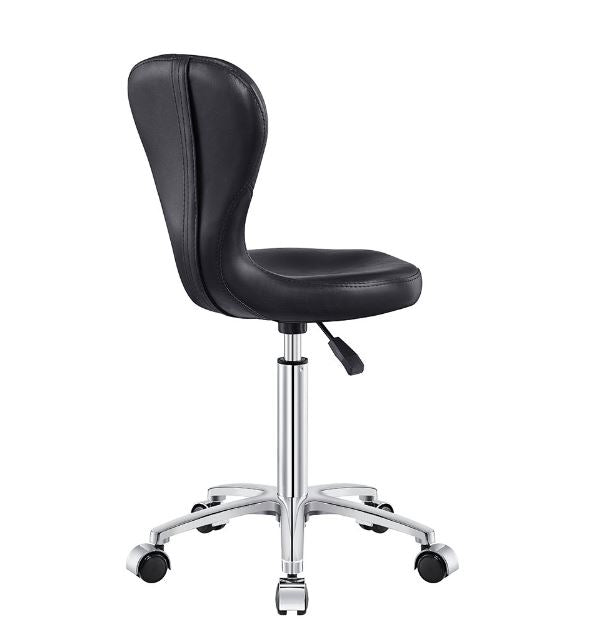 DIR Futuro Salon Stool, black, ergonomic with chrome base and wheels, rear side angle view.