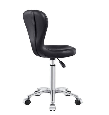 DIR Futuro Salon Stool, black, ergonomic with chrome base and wheels, rear side angle view.