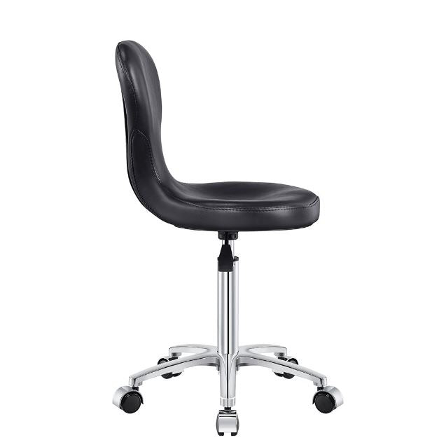 Futuro Salon Stool DIR by DIR: padded seat & backrest, metal base with wheels, side view.
