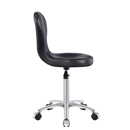 Futuro Salon Stool DIR by DIR: padded seat & backrest, metal base with wheels, side view.