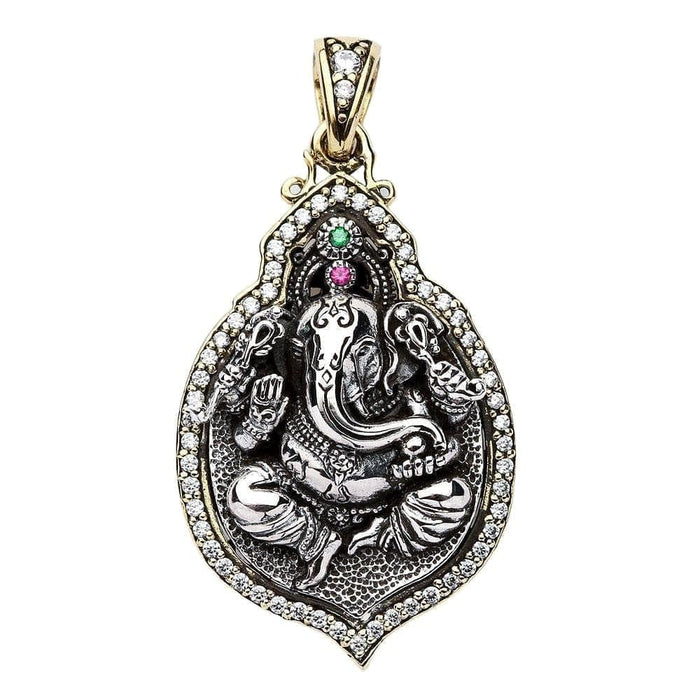 Front view of the Lord Ganesha locket with pink and green gemstone accents.