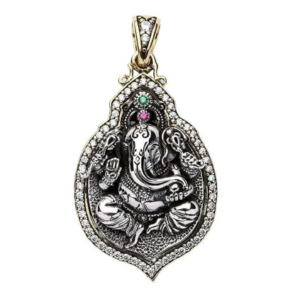 Front view of the Lord Ganesha locket with pink and green gemstone accents.