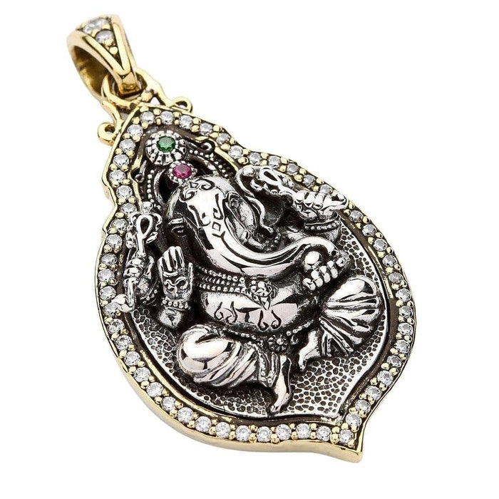 Angled view of the Ganesh sterling silver pendant showing the halo of clear stones and gold bail.