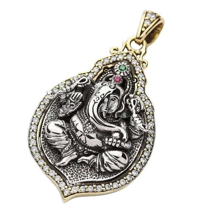 Close-up angled shot highlighting the detailed silver carving of the elephant god.