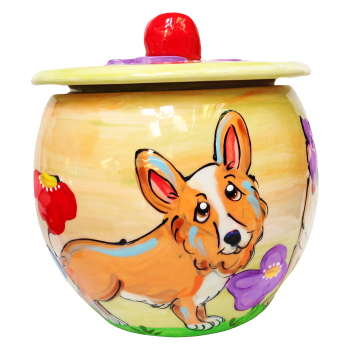 Corgi Dog Image on Ceramic cookie jar by Debby Carman
