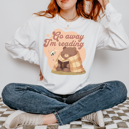 Go Away I'm Reading Heavyweight Long Sleeve Shirt - The Bean Workshop - Autumn Vibes, Bookish Apparel, Bumble Bee., Cozycore, fall, Fall Layering, Funny Bookworm Autumn Shirt, Go Away I'm Reading, Graphic Long Sleeve, Introvert Reader Graphic Top, Long Sleeve Tee, Loungewear, Reading Bear, Sassy Quote