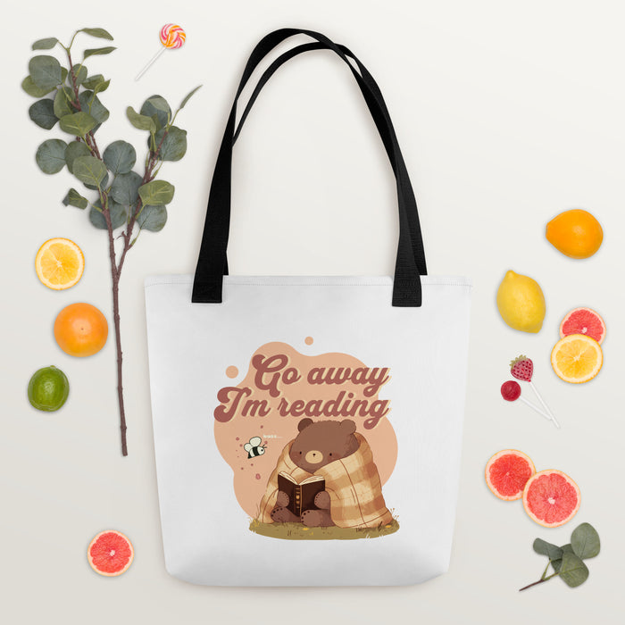Go Away I'm Reading Tote Bag - The Bean Workshop - Book Haul, Book Lover Graphic., Book Tote, Bookish Aesthetic, Canvas Tote, Cute Retro, fall, Funny Bookworm Canvas Library Bag, Funny Quote, Go Away I'm Reading Tote Bag, Introvert Reader Market Tote, Library Bag, Reading Bear, Tote Bag