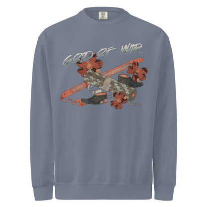God of War Lord Zhangwei Heavyweight Sweatshirt - The Bean Workshop - Book lover gift idea, Bookish aesthetic, Celestial Kingdom, Comfort color sweatshirt, Fantasy battle axe design, Fantasy warrior aesthetic, God of War, Immortal, Sue Lynn Tan, Sweater, Sweatshirt, Weapon-inspired bookish art