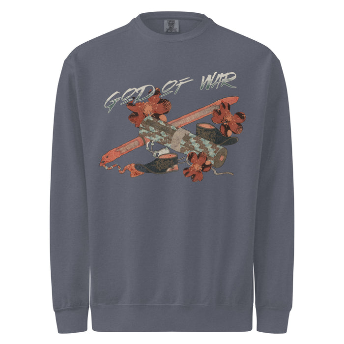 God of War Lord Zhangwei Heavyweight Sweatshirt - The Bean Workshop - Book lover gift idea, Bookish aesthetic, Celestial Kingdom, Comfort color sweatshirt, Fantasy battle axe design, Fantasy warrior aesthetic, God of War, Immortal, Sue Lynn Tan, Sweater, Sweatshirt, Weapon-inspired bookish art
