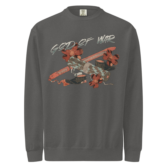 God of War Lord Zhangwei Heavyweight Sweatshirt - The Bean Workshop - Book lover gift idea, Bookish aesthetic, Celestial Kingdom, Comfort color sweatshirt, Fantasy battle axe design, Fantasy warrior aesthetic, God of War, Immortal, Sue Lynn Tan, Sweater, Sweatshirt, Weapon-inspired bookish art