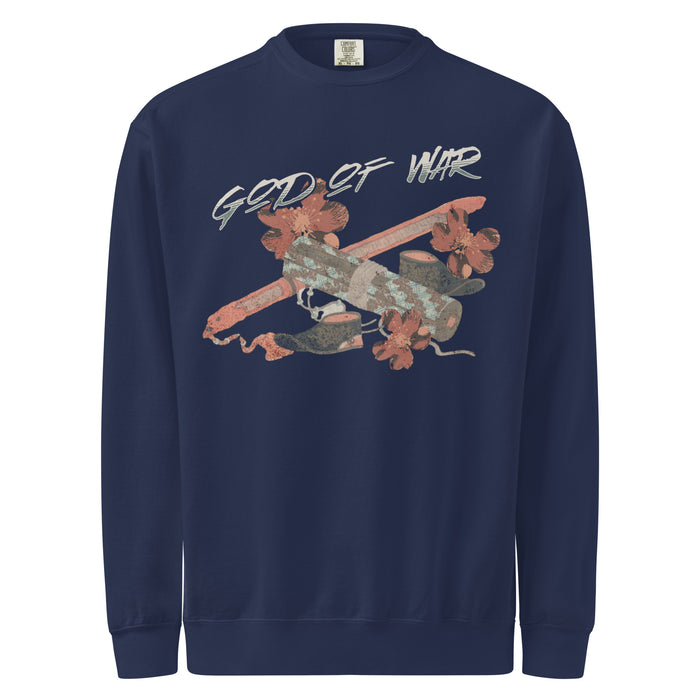 God of War Lord Zhangwei Heavyweight Sweatshirt - The Bean Workshop - Book lover gift idea, Bookish aesthetic, Celestial Kingdom, Comfort color sweatshirt, Fantasy battle axe design, Fantasy warrior aesthetic, God of War, Immortal, Sue Lynn Tan, Sweater, Sweatshirt, Weapon-inspired bookish art