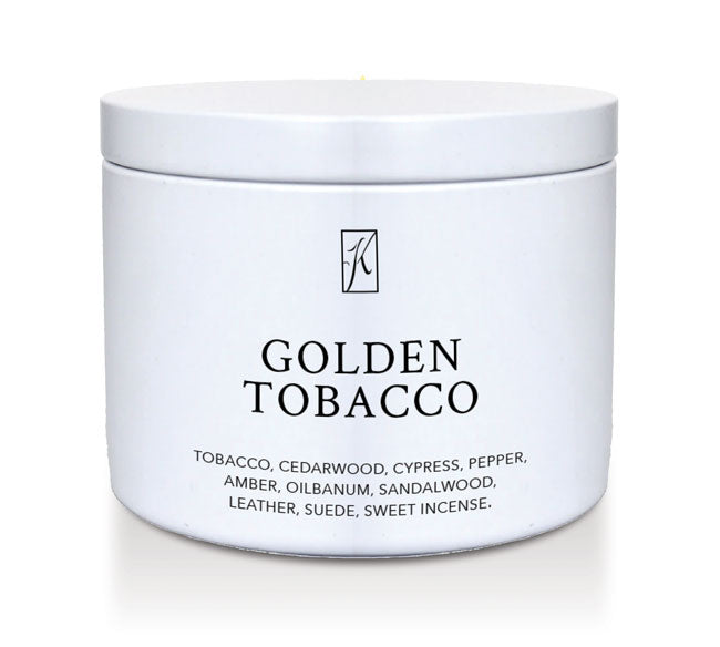 White container of 'Golden Tobacco' fragrance with brand logo on a white background