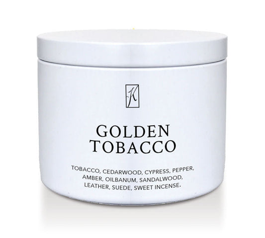 White container of 'Golden Tobacco' fragrance with brand logo on a white background