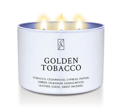 Candle in a white container labeled 'Golden Tobacco' with a logo on a white background