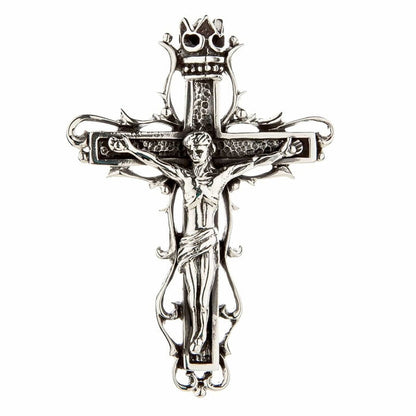 Front view of handcrafted 925 sterling silver gothic crucifix pendant with Jesus corpus and royal crown