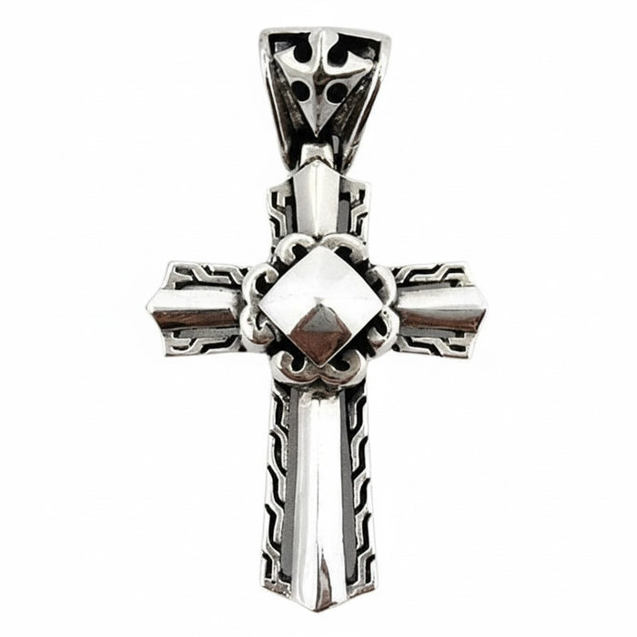 A men's heavy sterling silver Knight Cross pendant with a multi-layered, architectural design.