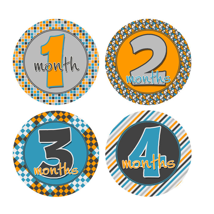 Gray, Blue, Orange Patterned Monthly Baby Stickers onesie sticker - INKtropolis