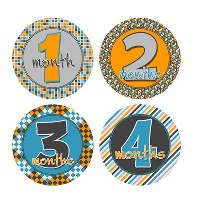 Gray, Blue, Orange Patterned Monthly Baby Stickers onesie sticker - INKtropolis