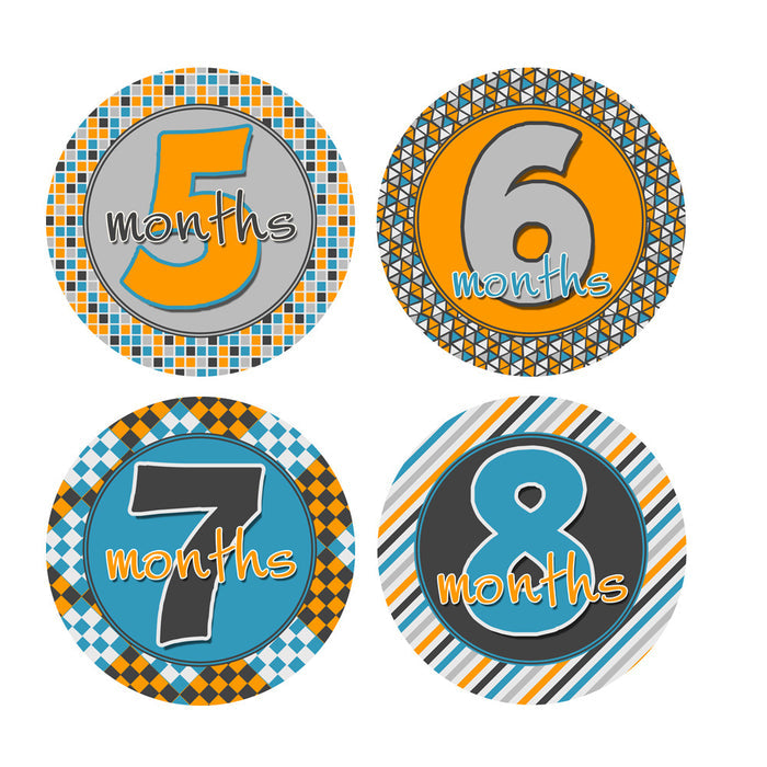 Gray, Blue, Orange Patterned Monthly Baby Stickers onesie sticker - INKtropolis