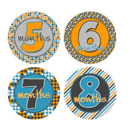 Gray, Blue, Orange Patterned Monthly Baby Stickers onesie sticker - INKtropolis