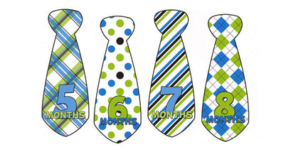 Green and Blue Patterned Monthly Baby Stickers - Tie Shaped onesie sticker - INKtropolis