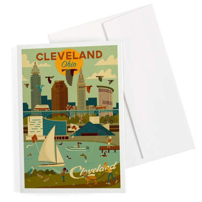 Greeting card with illustration of Cleveland, Ohio skyline and waterfront scene.