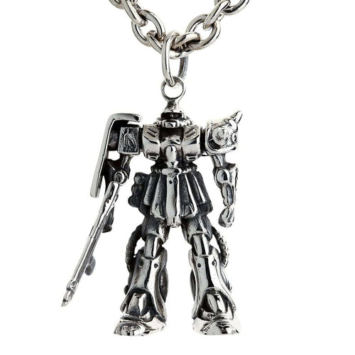 A solid sterling silver Gundam Zaku II pendant hanging from a heavy rolo chain, showcasing its full design.