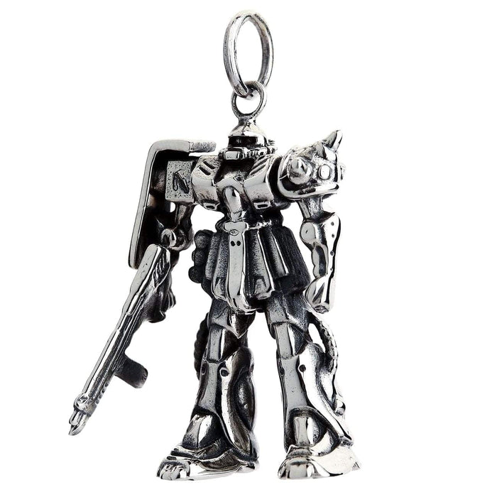 A detailed Japanese mecha pendant of the MS-06 Zaku II, handcrafted from solid sterling silver with an oxidized finish.