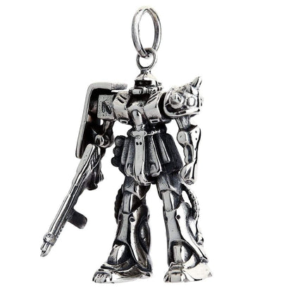 A detailed Japanese mecha pendant of the MS-06 Zaku II, handcrafted from solid sterling silver with an oxidized finish.
