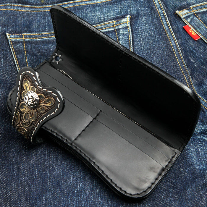 Open interior of black leather wallet showing card slots and bill compartments