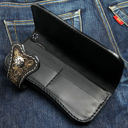 Open interior of black leather wallet showing card slots and bill compartments