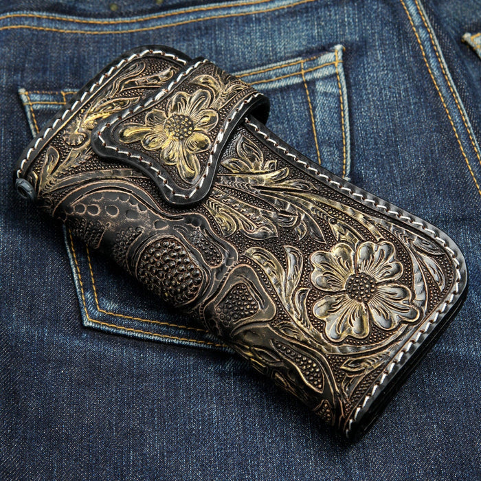 Detailed texture view of the leather tooling and craftsmanship