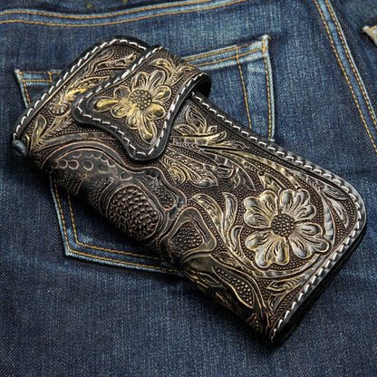 Detailed texture view of the leather tooling and craftsmanship