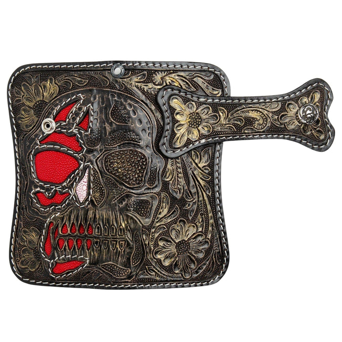 Wallet fully opened flat displaying the complete skull and floral artwork