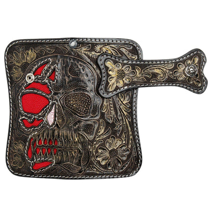 Wallet fully opened flat displaying the complete skull and floral artwork