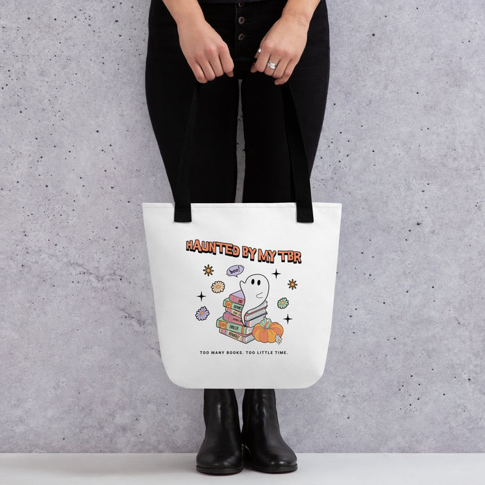 Haunted By My TBR Tote Bag - The Bean Workshop - book lover tote, bookstore bag, bookworm bag, canvas tote, ghost tote, Halloween tote bag, Haunted By My TBR tote, library tote, literary tote, reading bag, reusable shopping bag, spooky season accessory, TBR bag, too many books tote, unique gift for readers