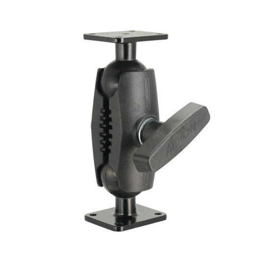The Heavy-Duty Metal AMPS Mount - 38mm Ball Compatible is a black adjustable arm with a central locking handle and two rectangular plates, designed for secure equipment attachment using the 4-hole AMPS pattern.