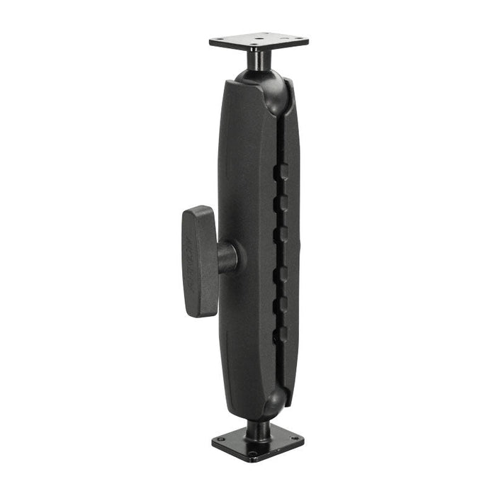 The Heavy Duty Metal AMPS Mounting Pedestal features a black adjustable arm with center knob and square 4-hole AMPS plates at both ends. Compatible with 38mm ball mounts, it securely positions devices and is built from durable metal.