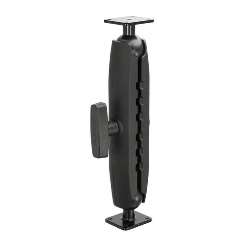 The Heavy Duty Metal AMPS Mounting Pedestal features a black adjustable arm with center knob and square 4-hole AMPS plates at both ends. Compatible with 38mm ball mounts, it securely positions devices and is built from durable metal.
