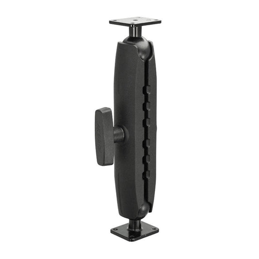 The Heavy Duty Metal AMPS Mounting Pedestal features a black adjustable arm with center knob and square 4-hole AMPS plates at both ends. Compatible with 38mm ball mounts, it securely positions devices and is built from durable metal.