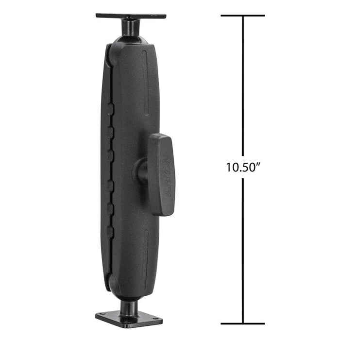 The Heavy Duty Metal AMPS Mounting Pedestal, featuring a 38mm ball and central knob, is shown vertically beside a measurement line indicating its 10.50-inch height for secure mounting.